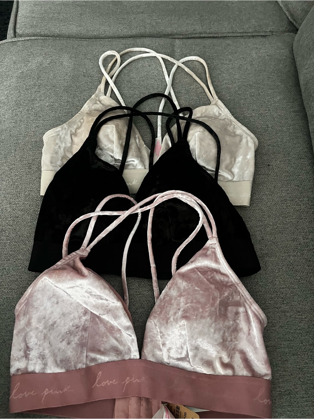 PINK NWT Victoria's Secret Velvet Bralette Trio - Blush, Black & Cream